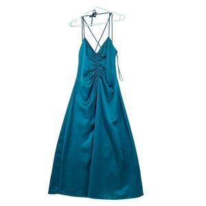 NWT Jason Wu Teal Satin Strappy Crisscross Back Shoulder Tie Slip Dress Maxi S